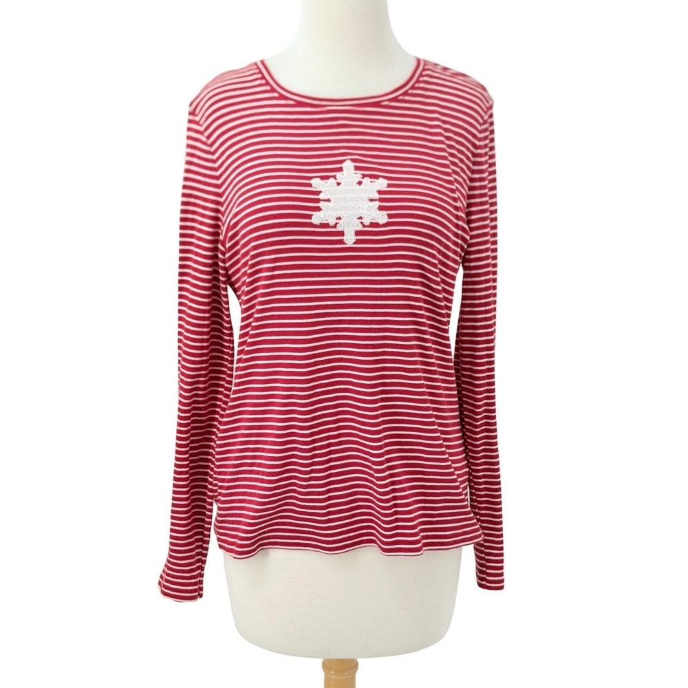 Talbots Women's Red White Striped Pima Cotton Sequin Snowflake Tee Shirt Size M
